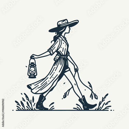 Cowgirl Walking with lantern. Western cowgirl Outline Clipart line art doodle vector illustration. woman strolling carrying a glowing light evoking frontier lifestyle.