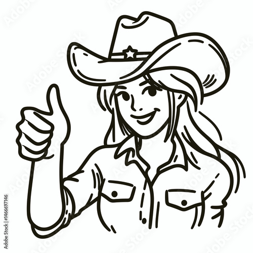 Cowgirl Thumbs up. Western cowgirl Outline Clipart line art doodle vector illustration. female approval gesture rancher girl positive sign rural lady okay.