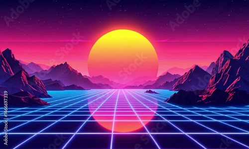 Neon Retro Sunset Landscape with Mountains and Digital Grid Animation Video
