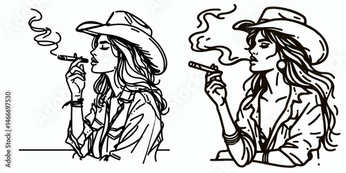 Cowgirl Smoking a cigar. Western cowgirl Outline Clipart line art doodle vector illustration. woman inhaling stogie an iconic rustic image of liberation.