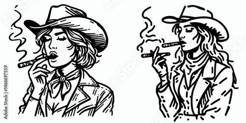 Cowgirl Smoking a cigar. Western cowgirl Outline Clipart line art doodle vector illustration. Ranch woman inhaling on stogie portrait of feminine outlaw attitude.