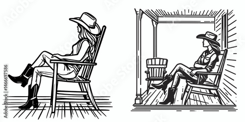 Cowgirl Sitting on porch chair. Western cowgirl Outline Clipart line art doodle vector illustration. dame resting veranda seat rural habitation tranquility.