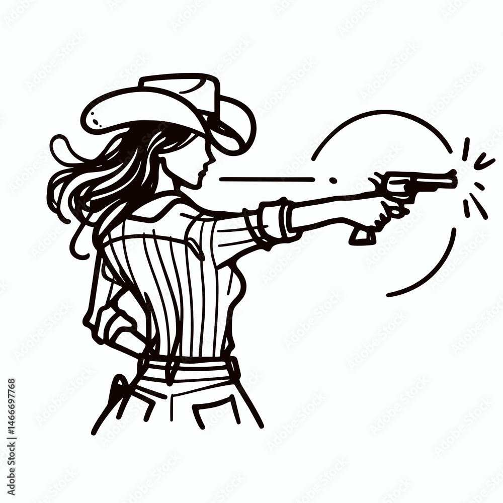 Fototapeta premium Cowgirl Shooting into air. Western cowgirl Outline Clipart line art doodle vector illustration. damsel firearm discharge upward ranch female weapon blast free.