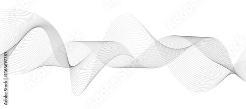 Abstract vector design featuring smooth, flowing gray wave lines on a white background. The waves should have a soft gradient and elegant curves, creating a sense of motion and calm. 