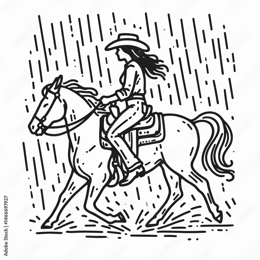 Fototapeta premium Cowgirl Riding in rain. Western cowgirl Outline Clipart line art doodle vector illustration. Equestrian female journey during rainfall charm beneath a deluge.