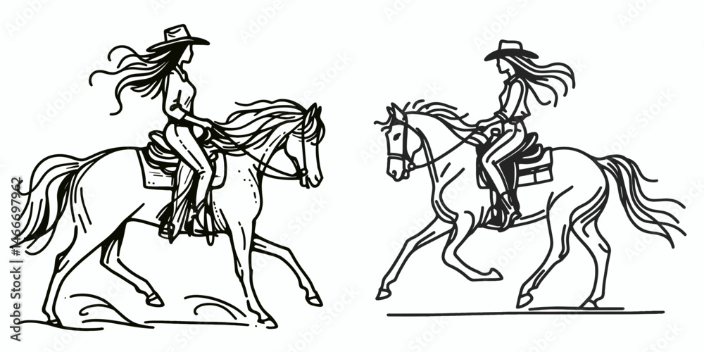Fototapeta premium Cowgirl Riding a horse. Western cowgirl Outline Clipart line art doodle vector illustration. Equestrian female atop equine lifestyle freedom adventure spirit.