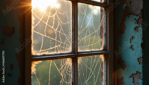 Abandoned Window with Spider Web and Dew, Rustic Urban Decay and Morning Light