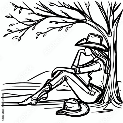 Cowgirl Resting under tree. Western cowgirl Outline Clipart line art doodle vector illustration. Ranch woman repose beneath woodland shade rural scene open ground.