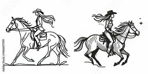 Cowgirl Riding a horse. Western cowgirl Outline Clipart line art doodle vector illustration. Equestrian female rancher atop steed lifestyle action equine sport.