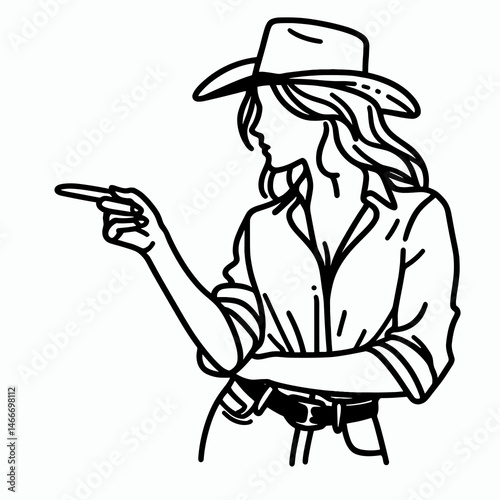 Cowgirl Pointing finger. Western cowgirl Outline Clipart line art doodle vector illustration. gal directing attention gesture country woman indicating something.