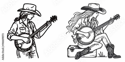 Cowgirl Playing the banjo. Western cowgirl Outline Clipart line art doodle vector illustration. Rural dame strumming instrumental folk tune upon grassland.