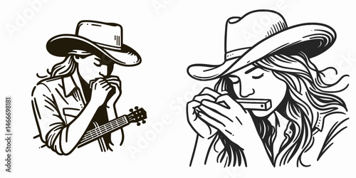Cowgirl Playing harmonica. Western cowgirl Outline Clipart line art doodle vector illustration. girl blowing wind instrument country music art ranch vibe.