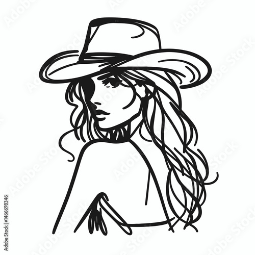 Cowgirl Looking over shoulder. Western cowgirl Outline Clipart line art doodle vector illustration. maiden glancing backward a rural female figure in retro attire.