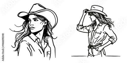 Cowgirl Looking into distance. Western cowgirl Outline Clipart line art doodle vector illustration. Ranch woman gazing afar rural horizon contemplation vista view.