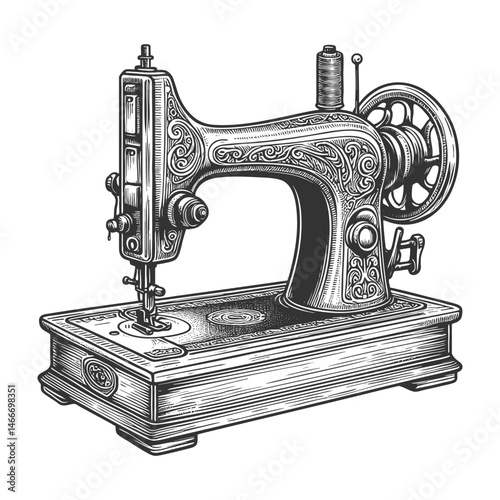 classic vintage sewing machine, perfect for tailoring and craftsmanship themes sketch engraving generative ai vector illustration. Scratch board imitation. Black and white image.