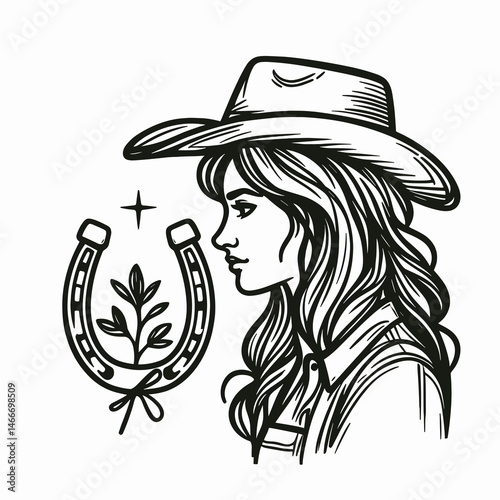 Cowgirl Looking at horseshoe. Western cowgirl Outline Clipart line art doodle vector illustration. woman gazing lucky iron emblem rustic tradition motif.