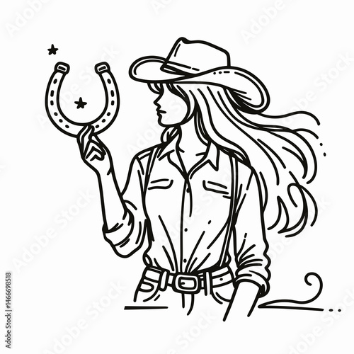 Cowgirl Looking at horseshoe. Western cowgirl Outline Clipart line art doodle vector illustration. Ranch woman observes lucky iron equestrian gear rural icon theme.