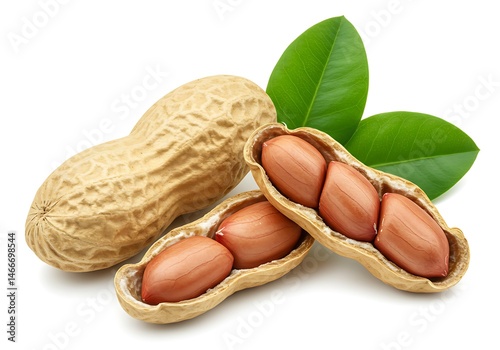 A close up of peanuts in shells with green leaves on a white background in a studio setting view