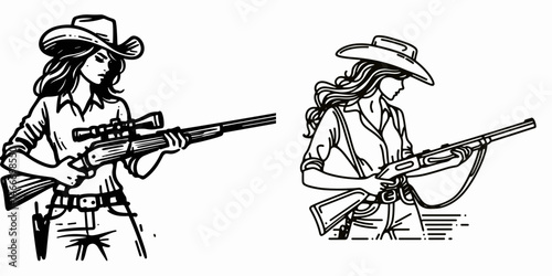 Cowgirl Loading a rifle. Western cowgirl Outline Clipart line art doodle vector illustration. Female rancher preparing firearm heritage action shot firearm readying.
