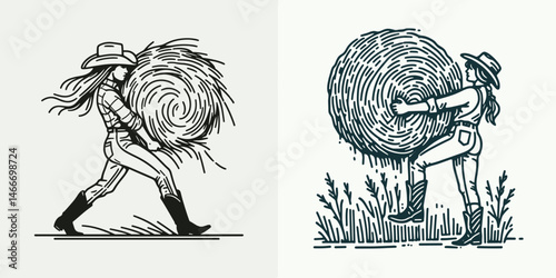 Cowgirl Lifting hay bale. Western cowgirl Outline Clipart line art doodle vector illustration. Ranch woman hoisting bundle dry forage rural labor agricultural occupation.