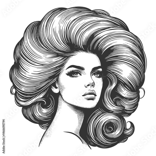woman with an enormous, intricately curled hairstyle, blending surrealism, elegance, and vintage artistic style sketch engraving generative ai vector illustration. Scratch board. Black and white image