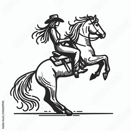 Cowgirl Horse rearing. Western cowgirl Outline Clipart line art doodle vector illustration. Equestrian woman astride mount uplift rodeo action spectacle.