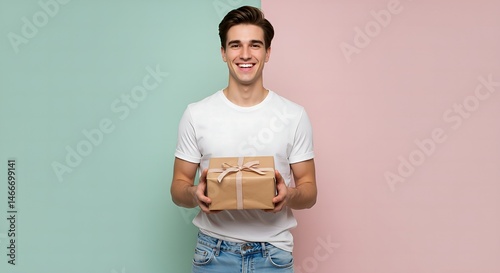 Smiling young man holding a brown gift box with a ribbon