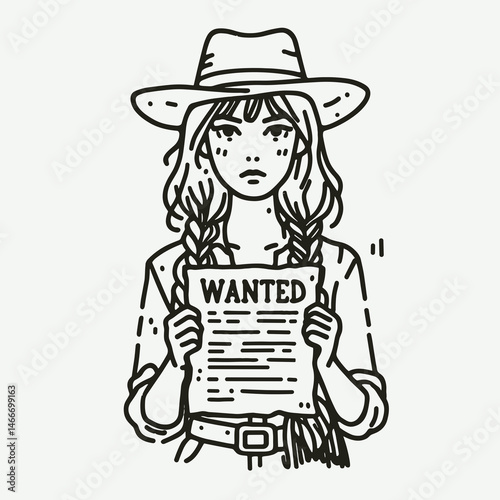 Cowgirl Holding wanted poster. Western cowgirl Outline Clipart line art doodle vector illustration. Ranch woman grasping fugitive announcement vintage outlaw notice.