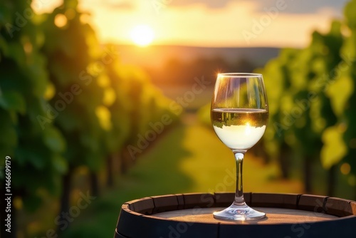 Sunlit glass of white wine rests in oak barrel amidst vineyard vines , sauvignon blanc, pinot grigio