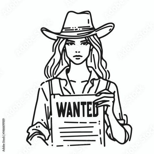 Cowgirl Holding wanted poster. Western cowgirl Outline Clipart line art doodle vector illustration. maiden showing outlaw notice rural heritage illustration.
