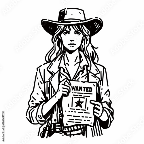 Cowgirl Holding wanted poster. Western cowgirl Outline Clipart line art doodle vector illustration. Ranch woman clutching outlaw notice adventure theme print.