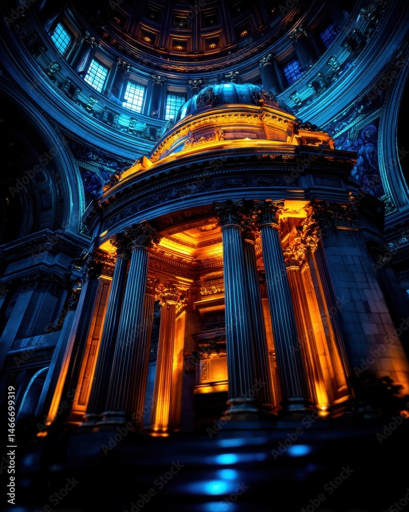 Obraz premium Interior of classical-style building with gold accents, blue columns, and warm lighting in a domed architecture