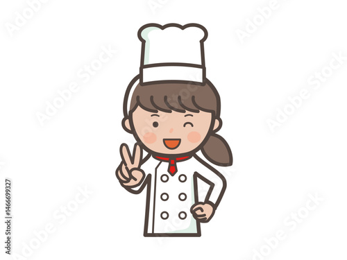 笑顔でピースをする若い女性コックさんの上半身イラスト