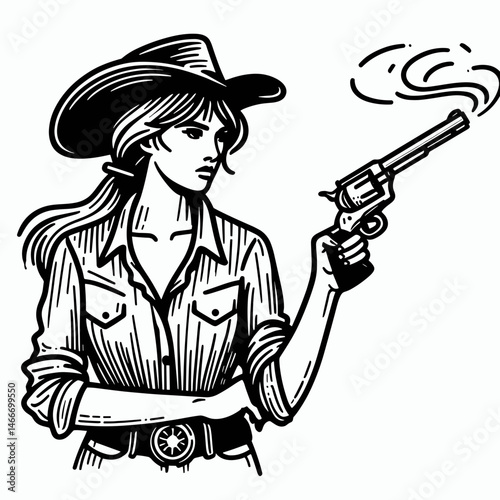Cowgirl Holding a revolver. Western cowgirl Outline Clipart line art doodle vector illustration. woman clutching firearm gunfighter in the wild west saloon outlaw.