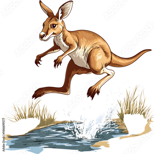 A Cartoon Kangaroo Jumping Over a River Isolated on Transparent Background