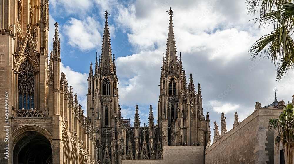 Grand Gothic cathedral with intricate stonework and tall spires silhouetted against a moody cloudy sky, soft shadows enhancing depth, wide panoramic shot. Grand Gothic cathedral with intricate stonework and tall spires silhouetted against a moody cloudy sky, soft shadows enhancing depth, wide panoramic shot.