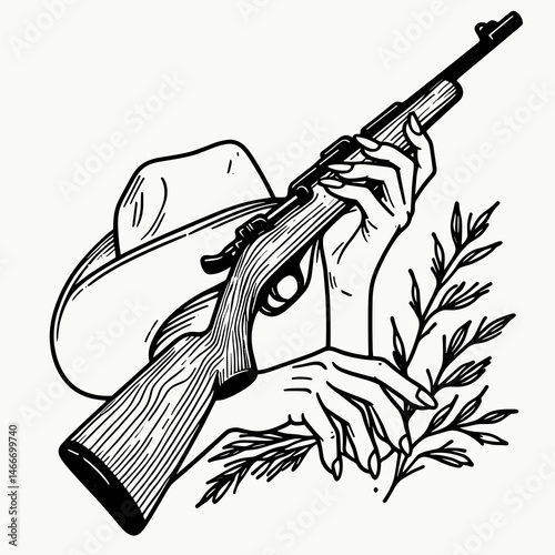 Cowgirl Hands resting on rifle. Western cowgirl Outline Clipart line art doodle vector illustration. Ranch female gripping carbine firearm leisure rustic lifestyle rural grip.