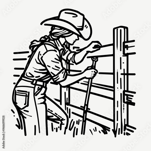 Cowgirl Fixing fence. Western cowgirl Outline Clipart line art doodle vector illustration. Ranch woman mending pasture barrier rural lifestyle country laboring farmstead maintenance.