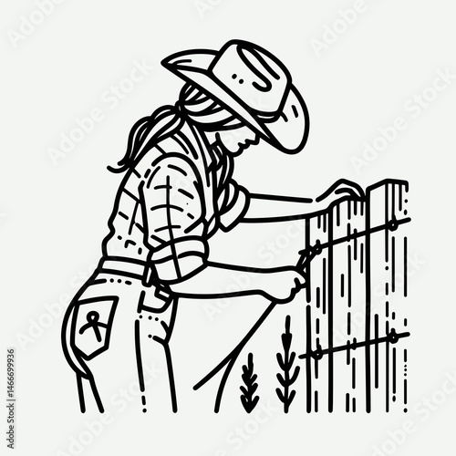 Cowgirl Fixing fence. Western cowgirl Outline Clipart line art doodle vector illustration. Ranch woman mending paddock barricade rural country life farm repair west theme.