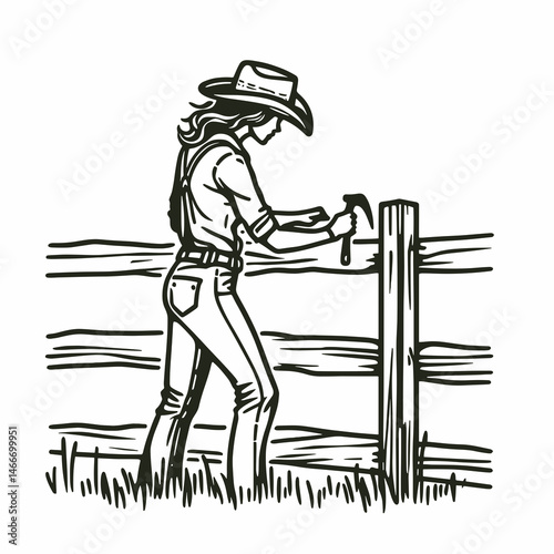 Cowgirl Fixing fence. Western cowgirl Outline Clipart line art doodle vector illustration. Ranch woman repairing enclosure rural vista livestock farmhand at work.