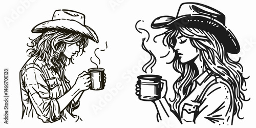 Cowgirl Drinking coffee from tin mug. Western cowgirl Outline Clipart line art doodle vector illustration. Rural woman sipping morning brew metal cup life theme.