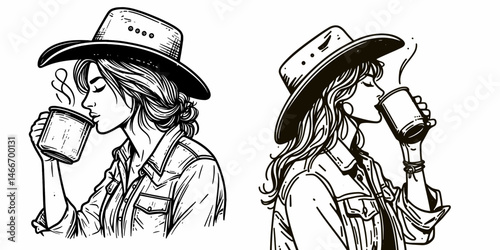 Cowgirl Drinking coffee from tin mug. Western cowgirl Outline Clipart line art doodle vector illustration. Ranch woman savoring warm java metal container country persona theme.