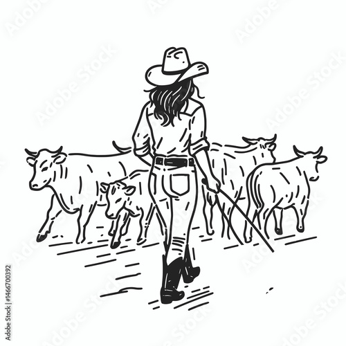 Cowgirl Cattle herding1. Western cowgirl Outline Clipart line art doodle vector illustration. Female rancher directing bovine flock rural farm life.