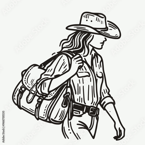 Wallpaper Mural Cowgirl Carrying saddlebag. Western cowgirl Outline Clipart line art doodle vector illustration. female toting riding pack equestrian gear rural tradition theme. Torontodigital.ca