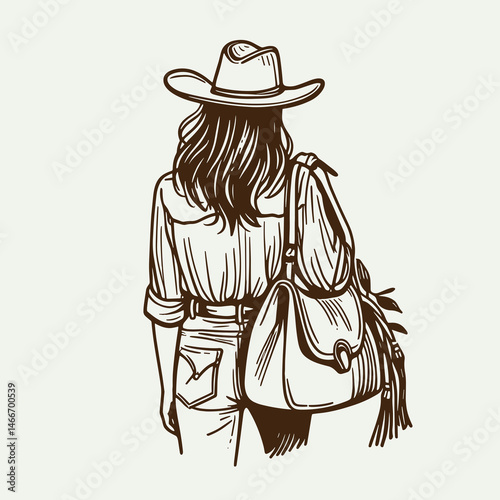 Cowgirl Carrying saddlebag. Western cowgirl Outline Clipart line art doodle vector illustration. female toting gearbag on horseback a rural riding lifestyle image.