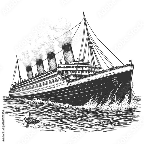 classic vintage ocean liner with smokestacks, surrounded by flying seagulls sketch engraving generative ai vector illustration. Scratch board imitation. Black and white image.