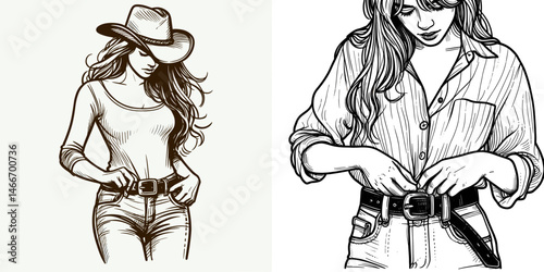 Cowgirl Adjusting belt buckle. Western cowgirl Outline Clipart line art doodle vector illustration. Ranch female fixing attire fastener. persona tailoring adornment.