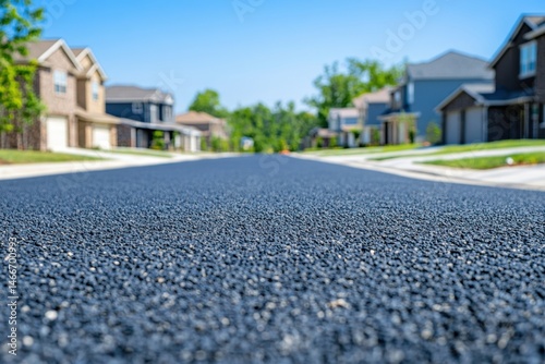 Low angle view of newly paved asphalt street in residential neighborhood on sunny day showcasing smooth surface and suburban homes
