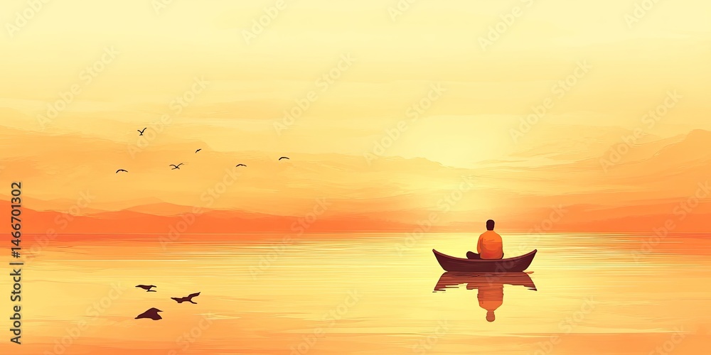 Naklejka premium Golden Hour Serenity Boat with Person, Birds, and Tranquil Waterscape.