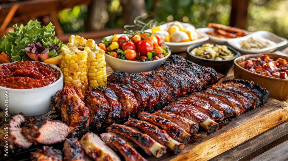 Fototapeta premium Delicious barbecue spread with various sides.